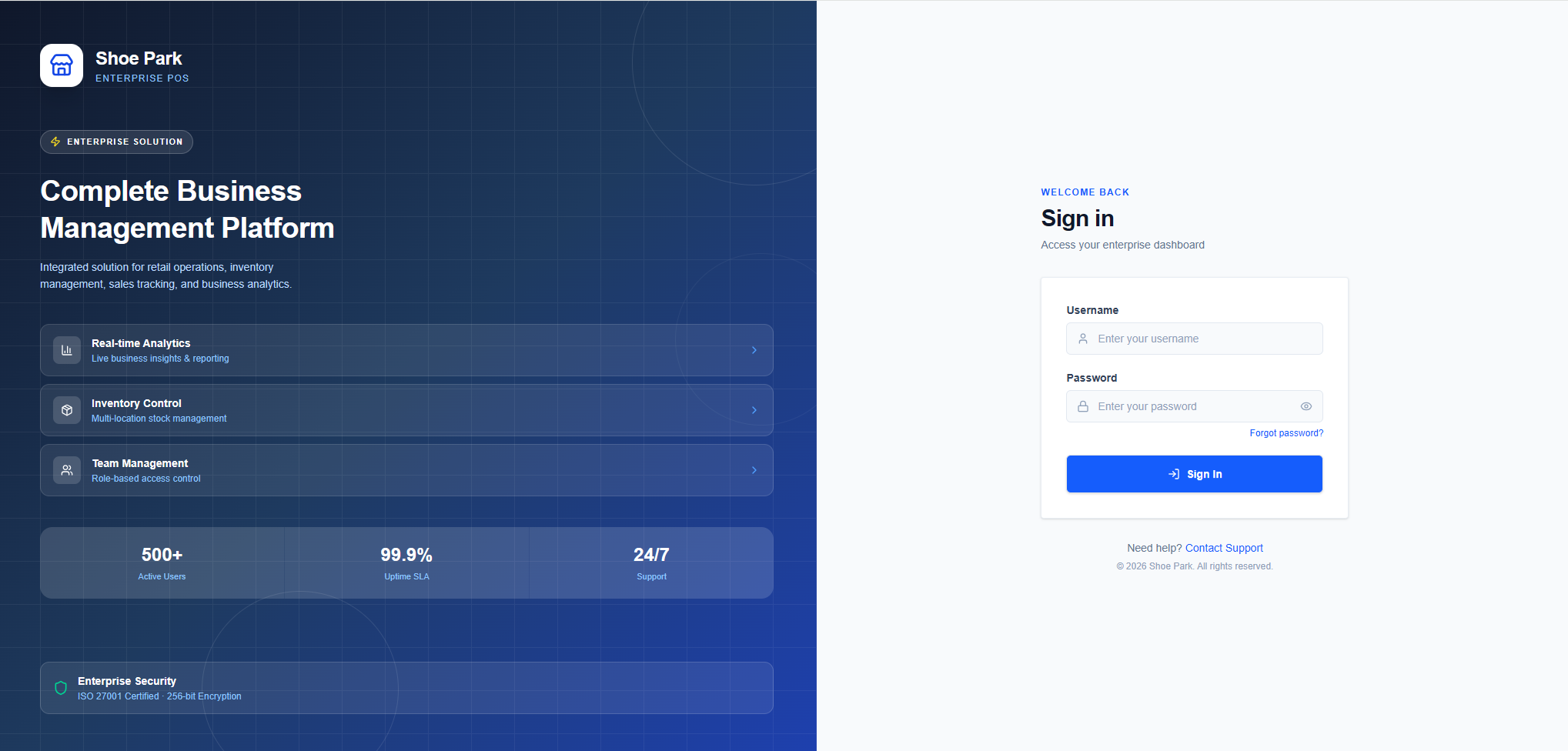 Enterprise POS — sign-in and platform overview